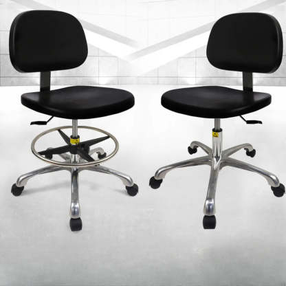 Ergonomic Metal Adjustable Black Office Stool — Black / Leather / Footring Included
