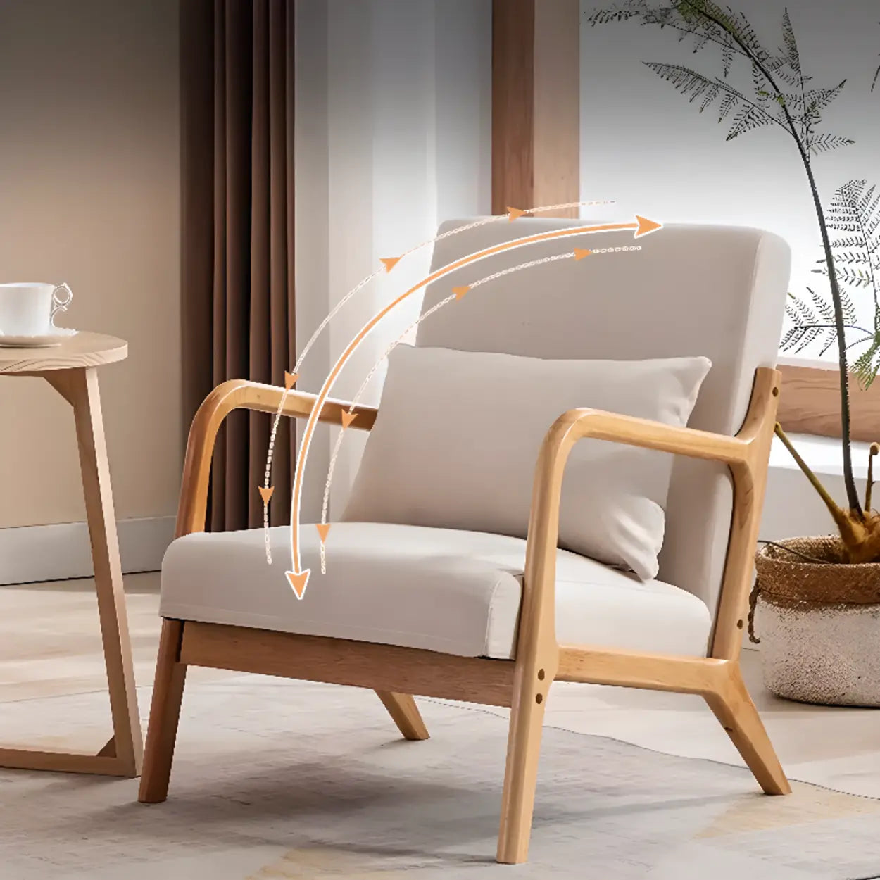 Ergonomic Off-White Wood Arm Chair with Removable Cushions