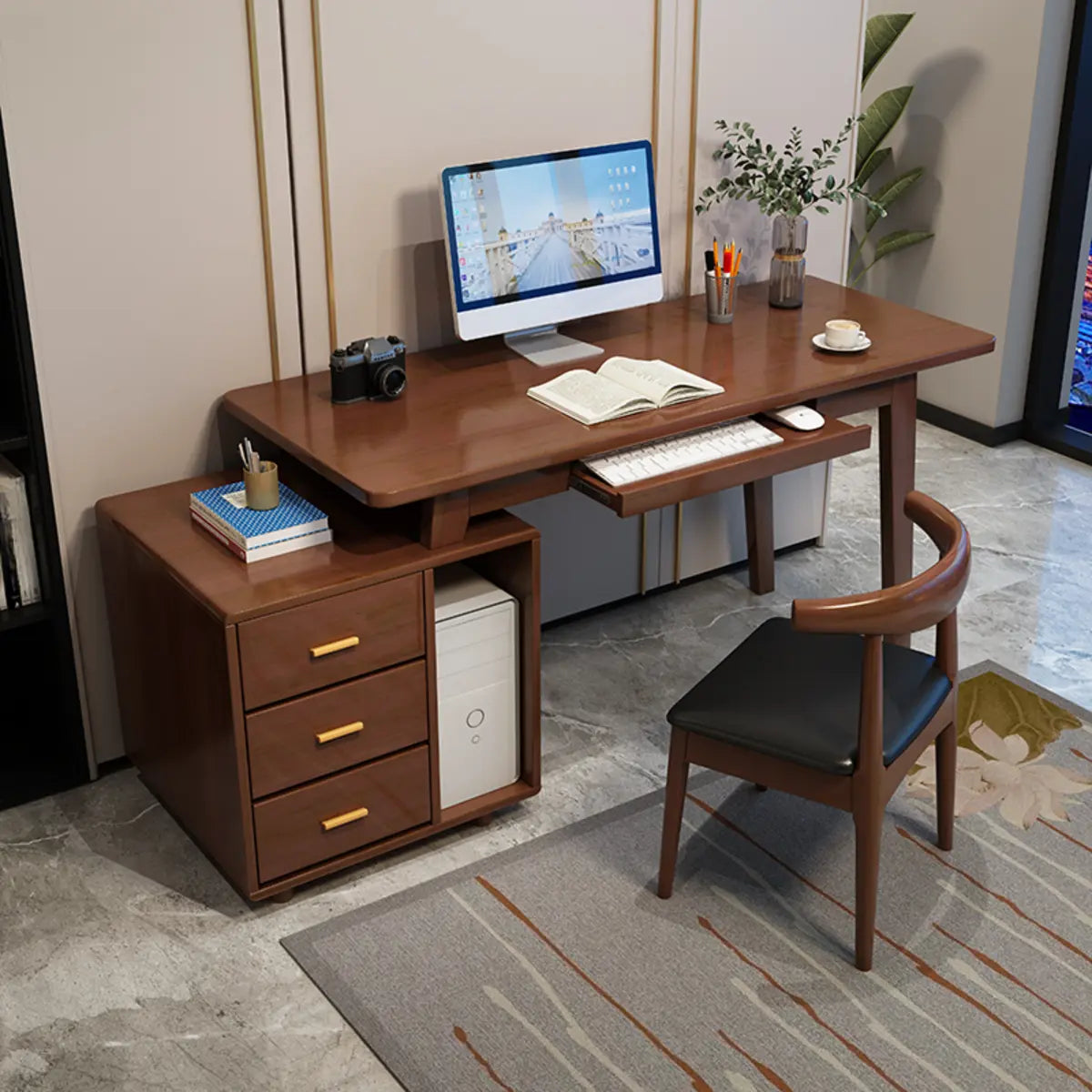 Ergonomic Rubberwood Butcher Block Computer Desk with Drawer — Grey / Without Chairs