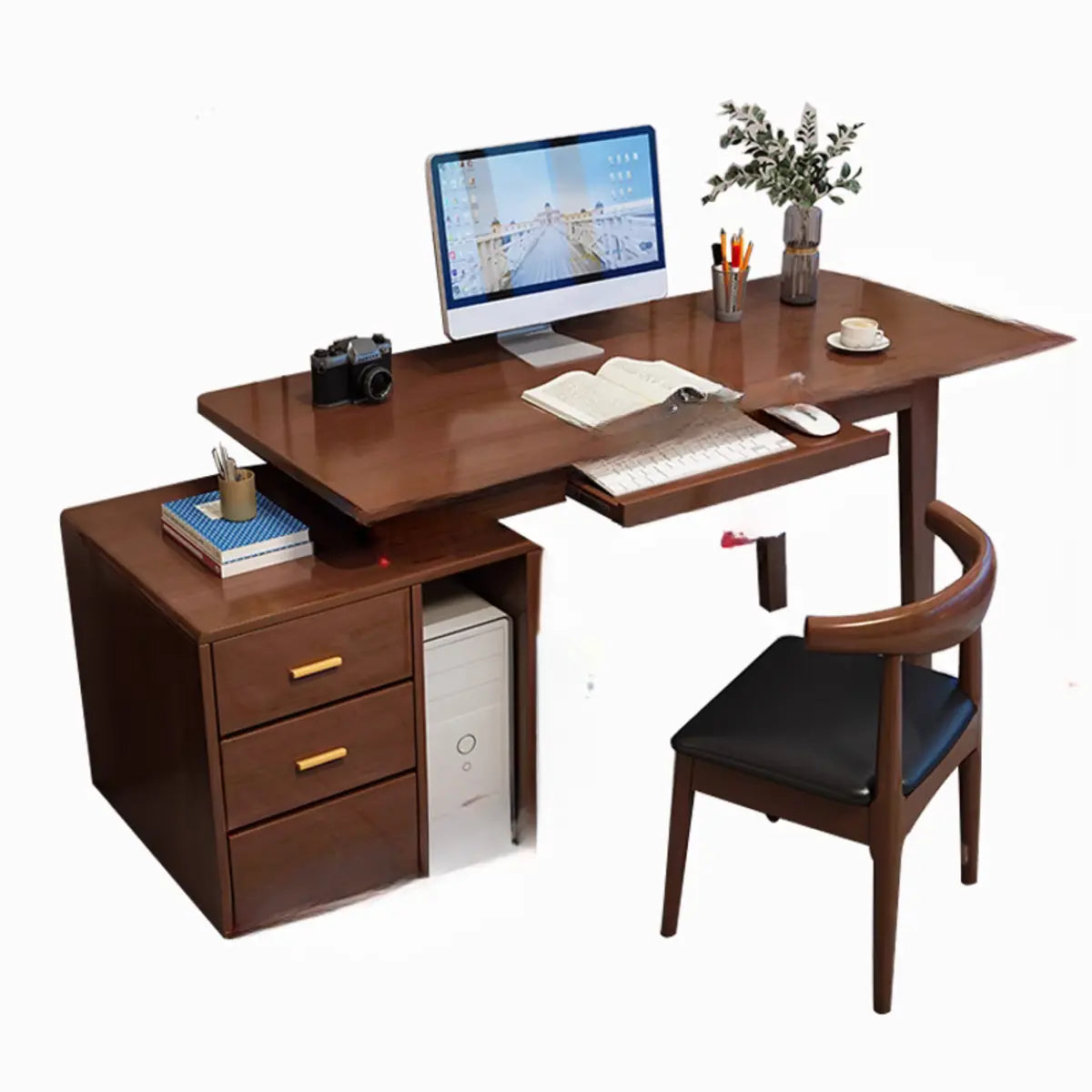 Ergonomic Rubberwood Butcher Block Computer Desk with Drawer — Walnut / Without Chairs