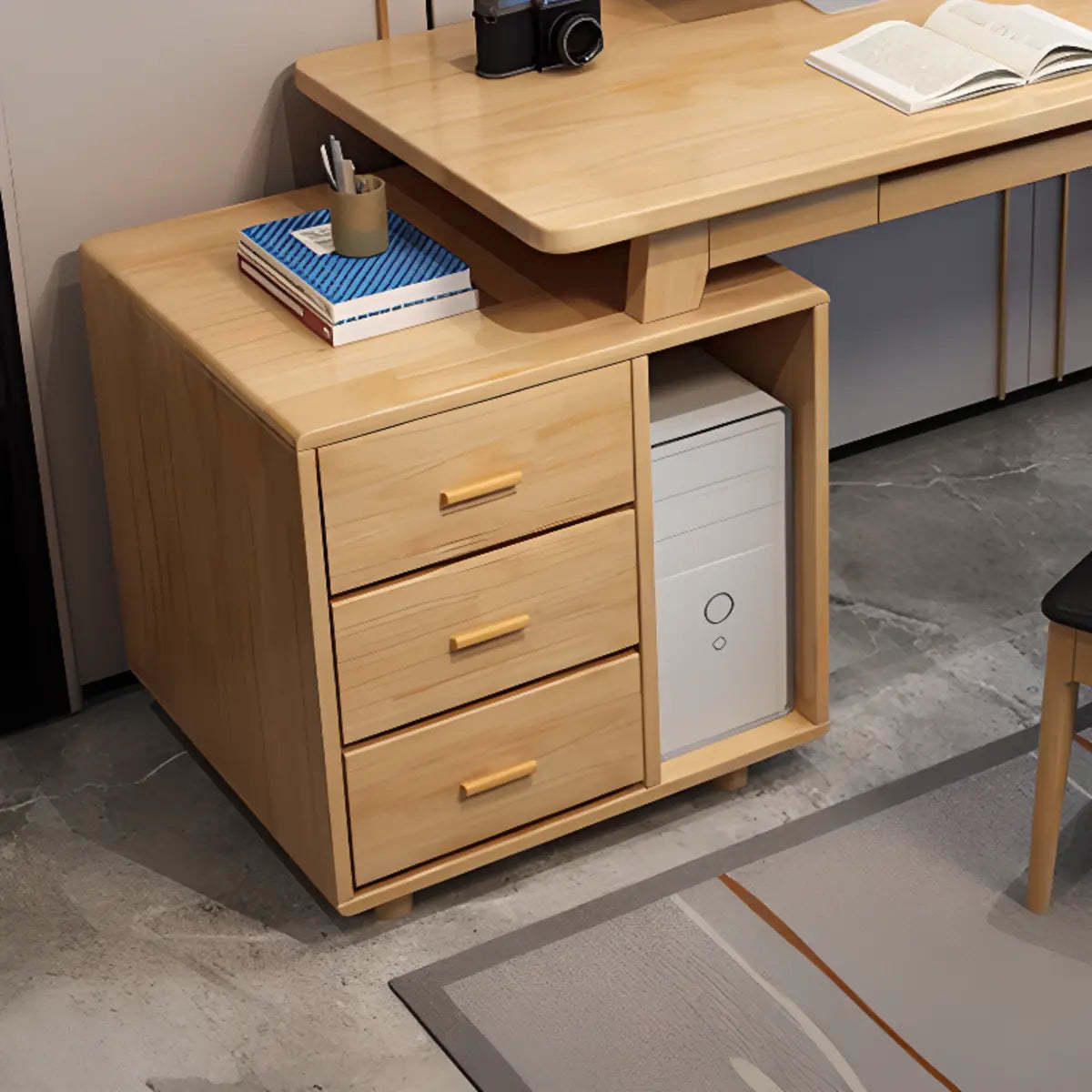 Ergonomic Rubberwood Butcher Block Computer Desk with Drawer — Walnut / Without Chairs