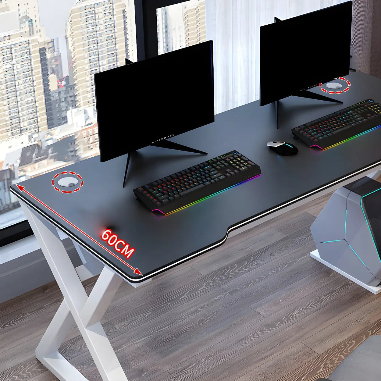 Ergonomic Wood Free-Form Sled Double Computer Desk — White-Black / Table Only
