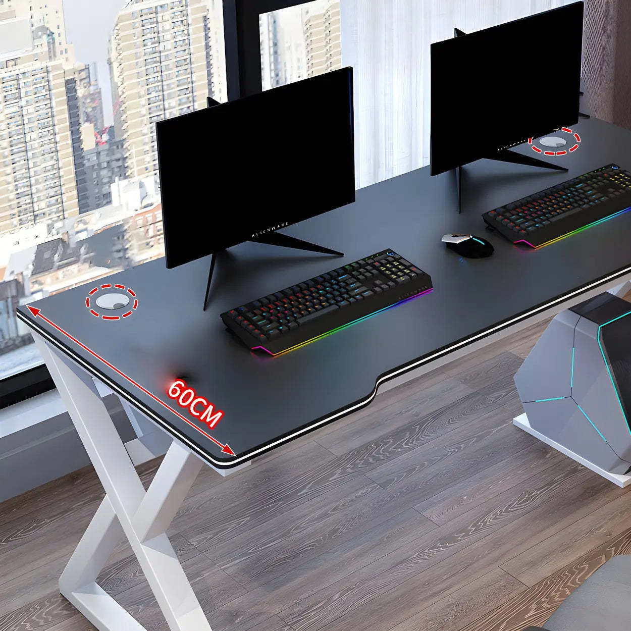 Ergonomic Wood Free-Form Sled Double Computer Desk — White-Black / Table Only