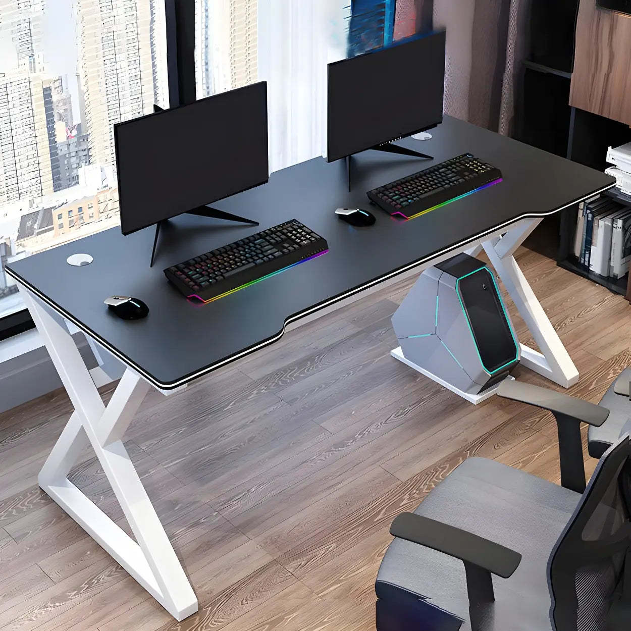 Ergonomic Wood Free-Form Sled Double Computer Desk — Black and White / Table Only