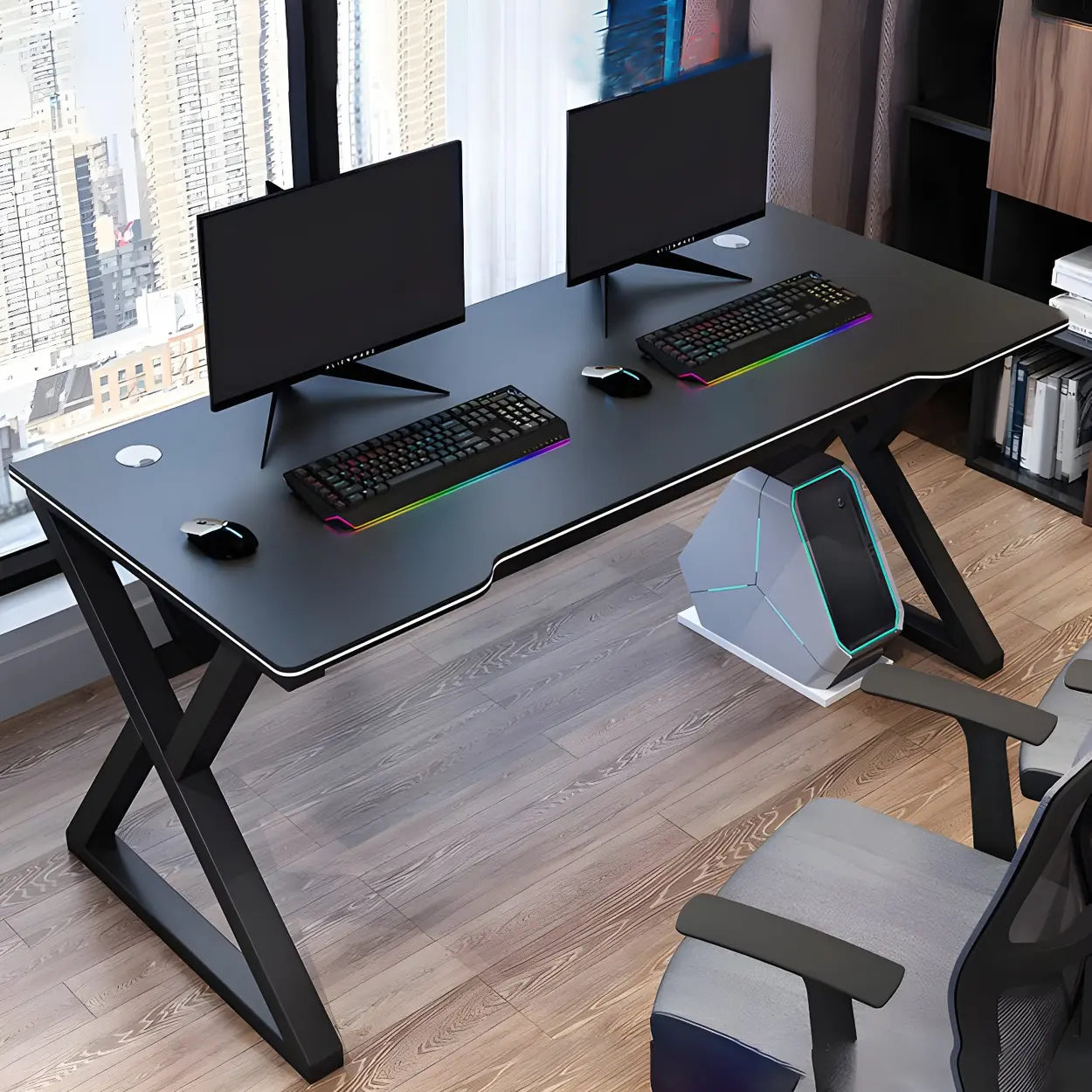 Ergonomic Wood Free-Form Sled Double Computer Desk — Black and White / Table Only
