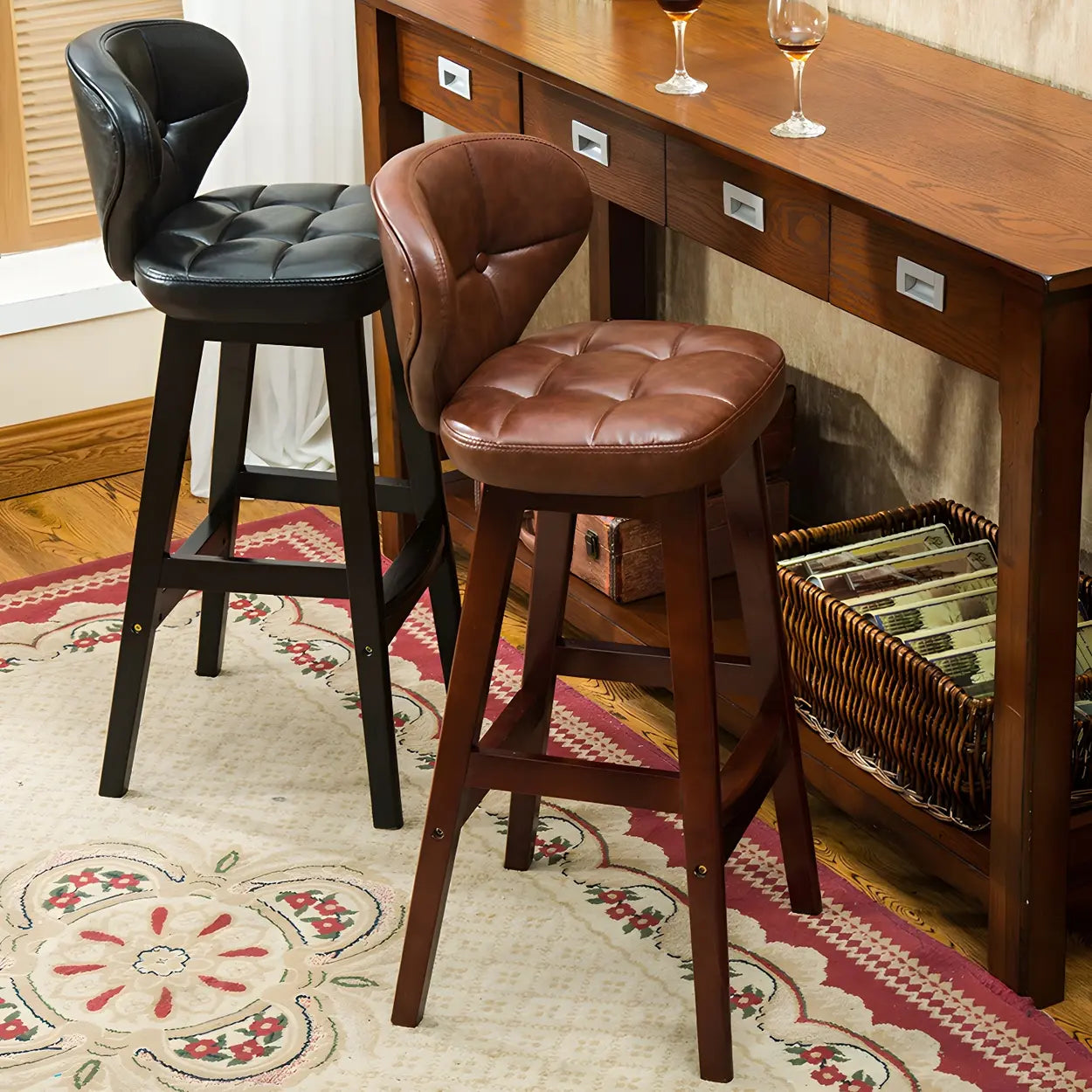 Espresso Wood Leather Backrest Bar Stool — Black / Black / 1 Piece