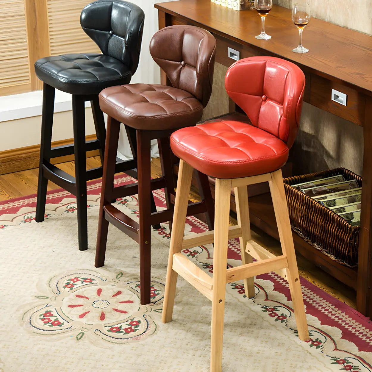 Espresso Wood Leather Backrest Bar Stool — Black / Brown / 4 Piece Set