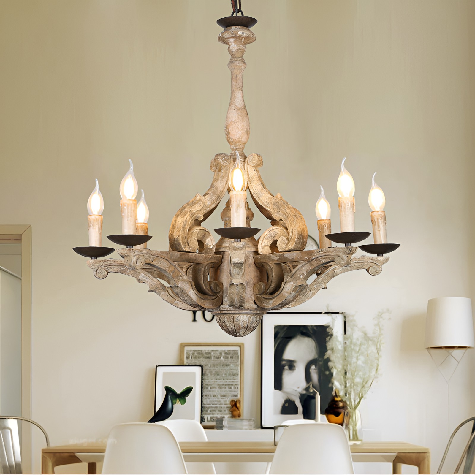 European Rustic Solid Wood 8-Light Chandelier