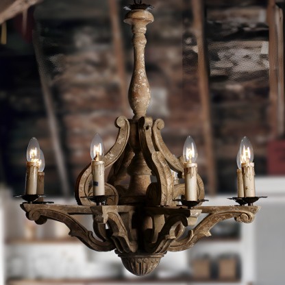European Rustic Solid Wood 8-Light Chandelier