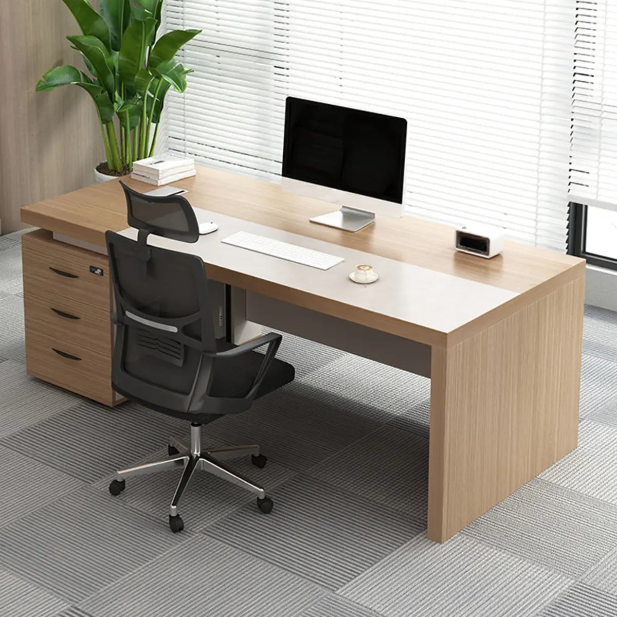 Executive Natural Wood Rectangle Storage Desk