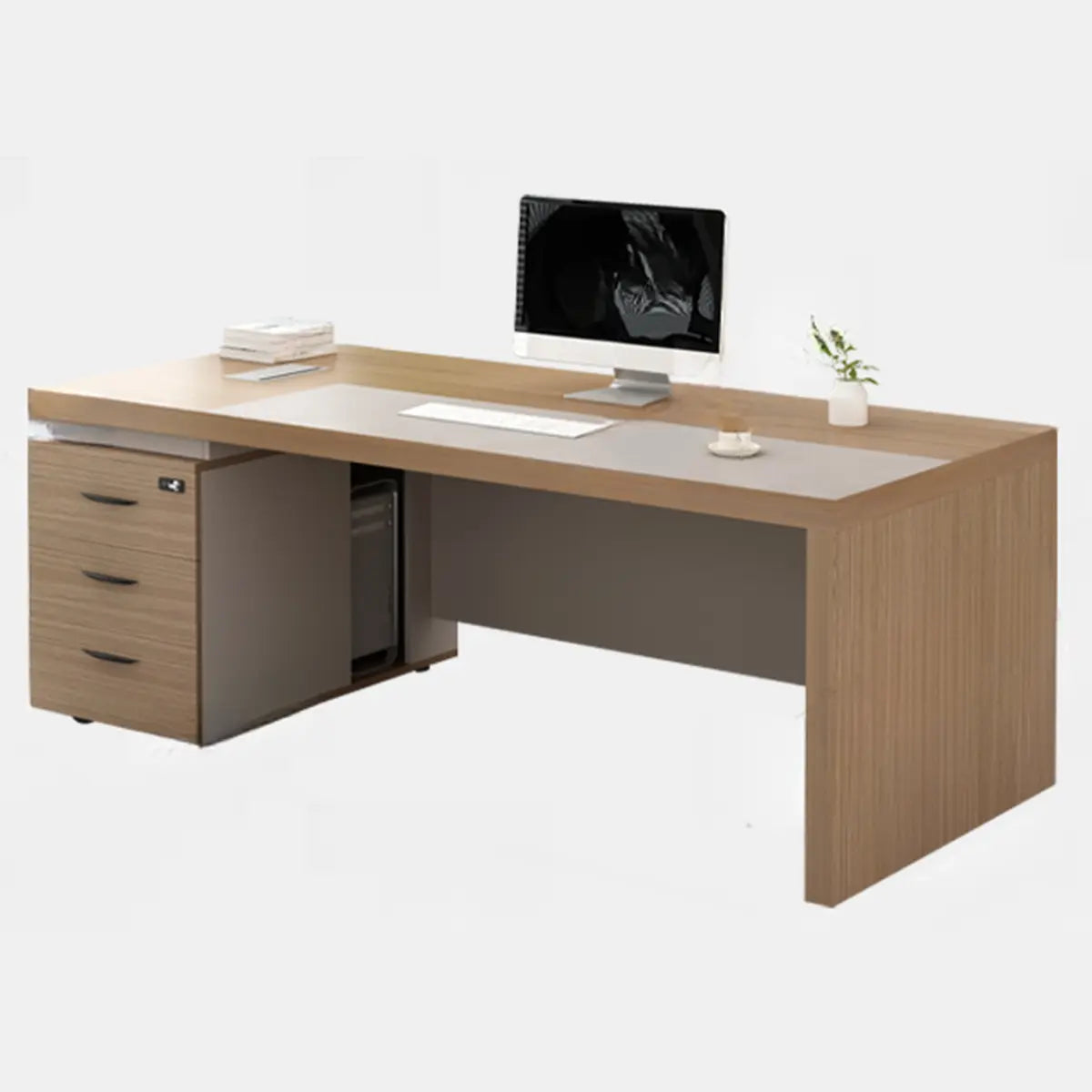 Executive Natural Wood Rectangle Storage Desk — Without Chairs
