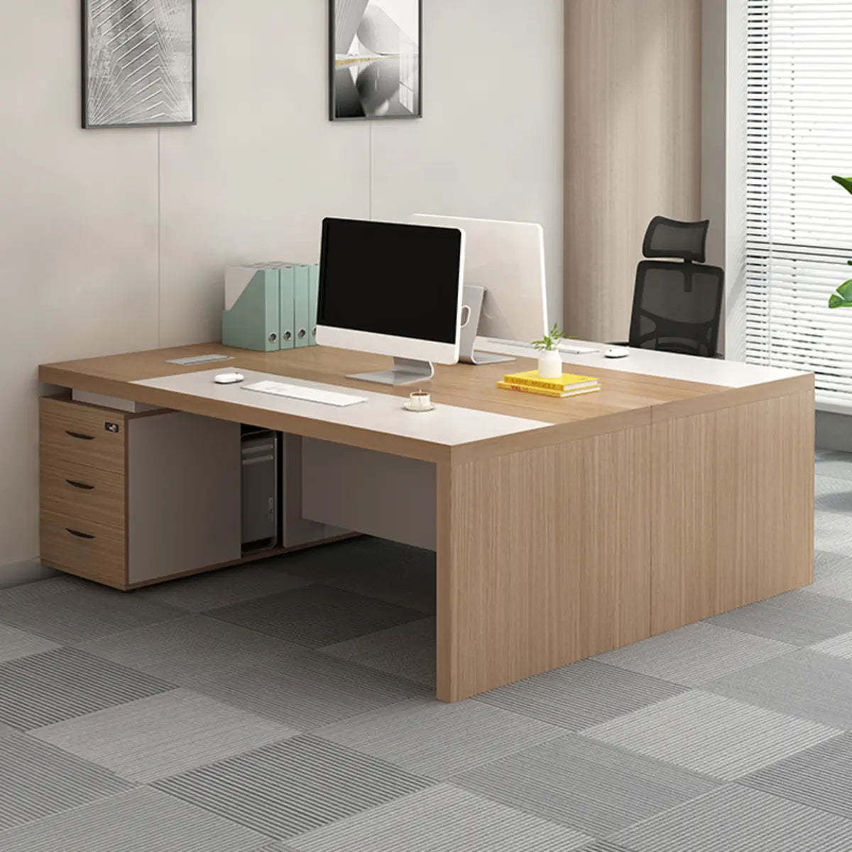 Executive Natural Wood Rectangle Storage Desk — Without Chairs