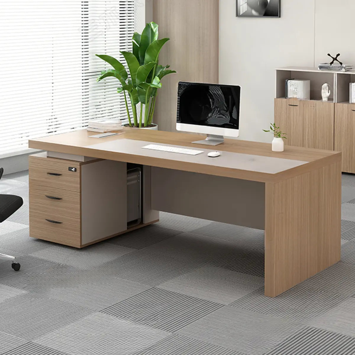 Executive Natural Wood Rectangle Storage Desk — Without Chairs