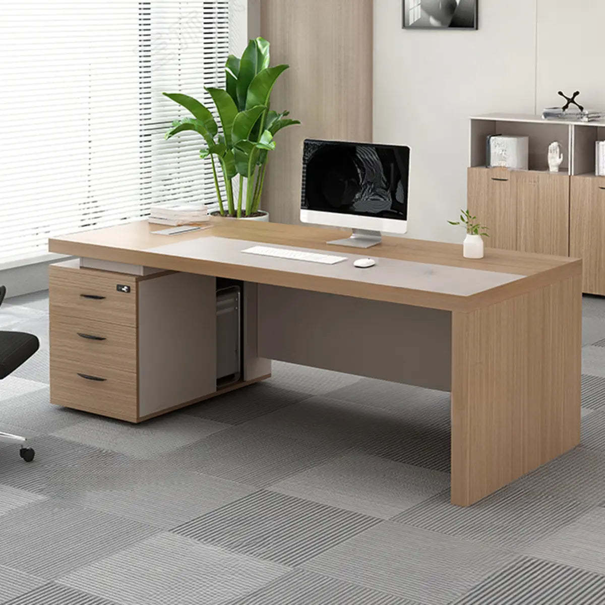 Executive Natural Wood Rectangle Storage Desk — Without Chairs