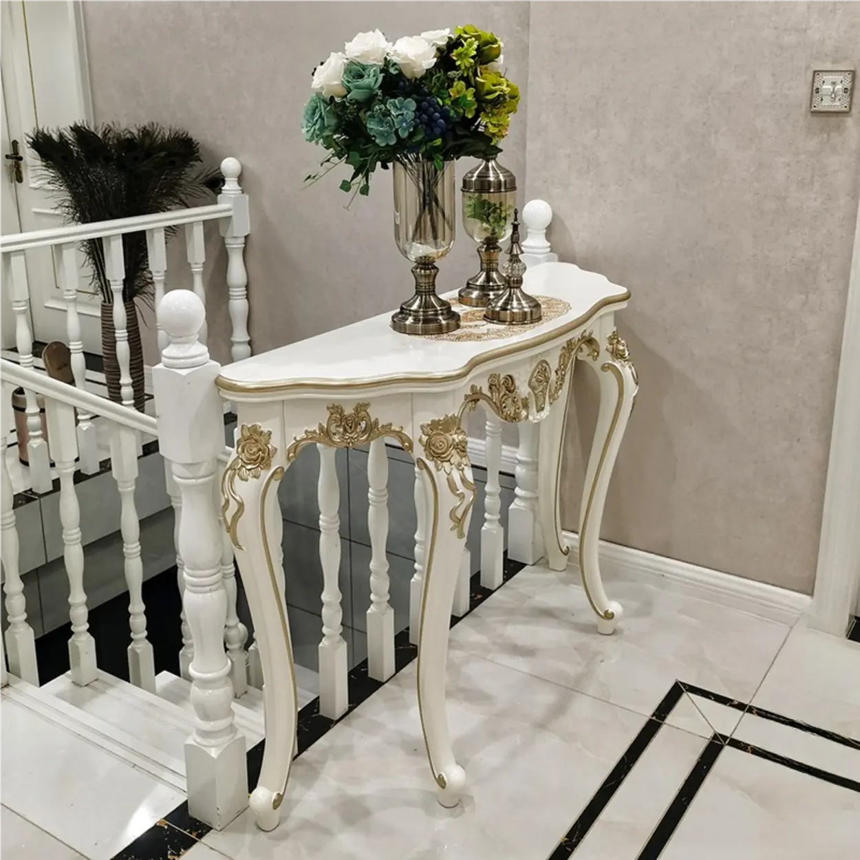 Curved Leg Half-Circle White Wood Console Table — Black-Gold