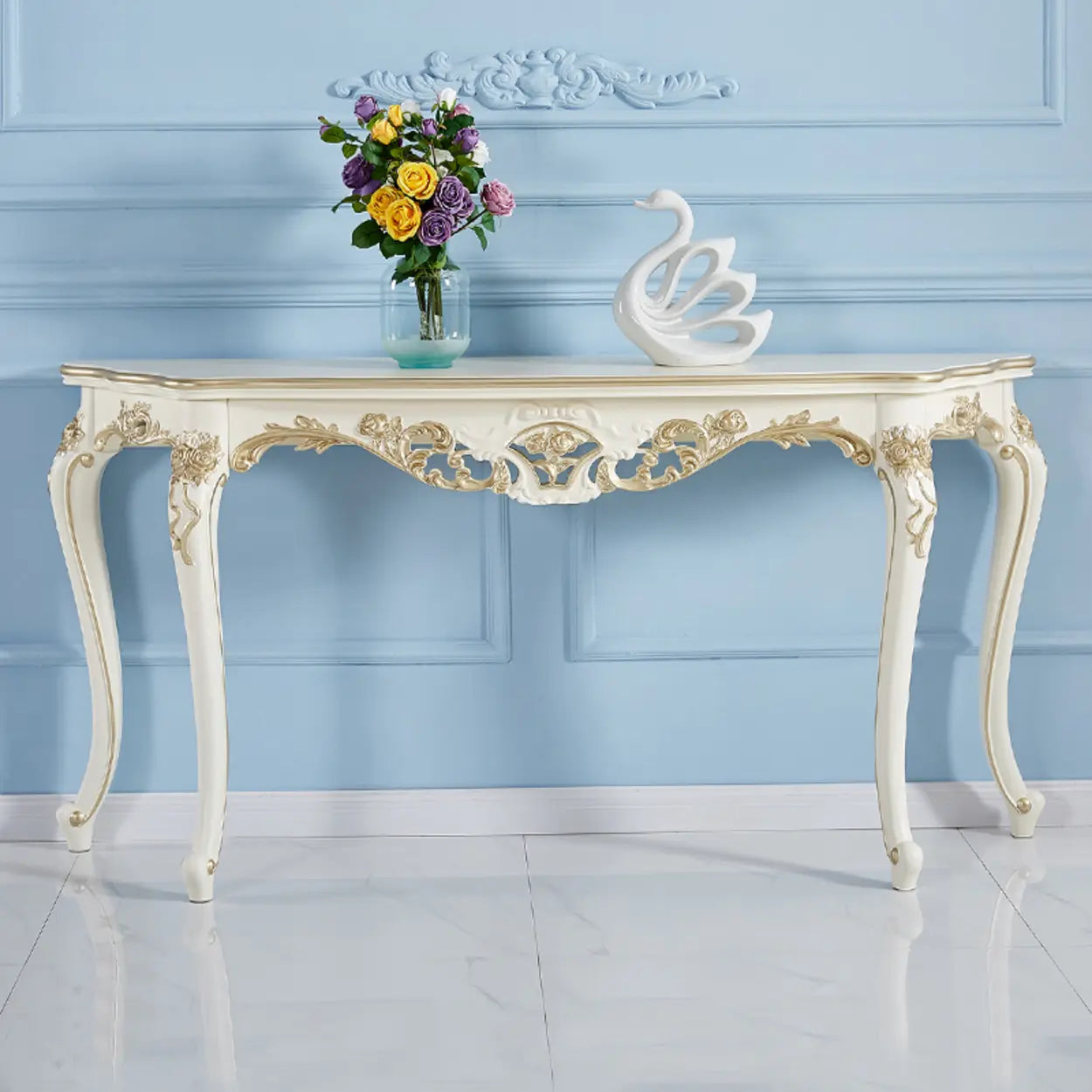 Curved Leg Half-Circle White Wood Console Table — White-Gold
