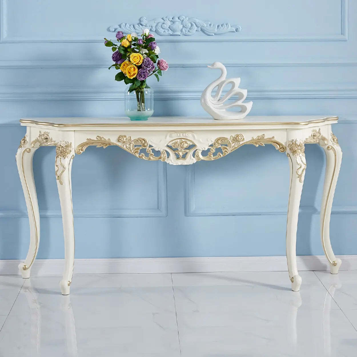Curved Leg Half-Circle White Wood Console Table — White-Gold
