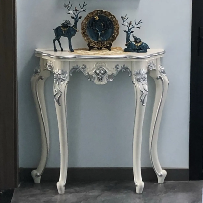 Curved Leg Half-Circle White Wood Console Table — White/ Silver