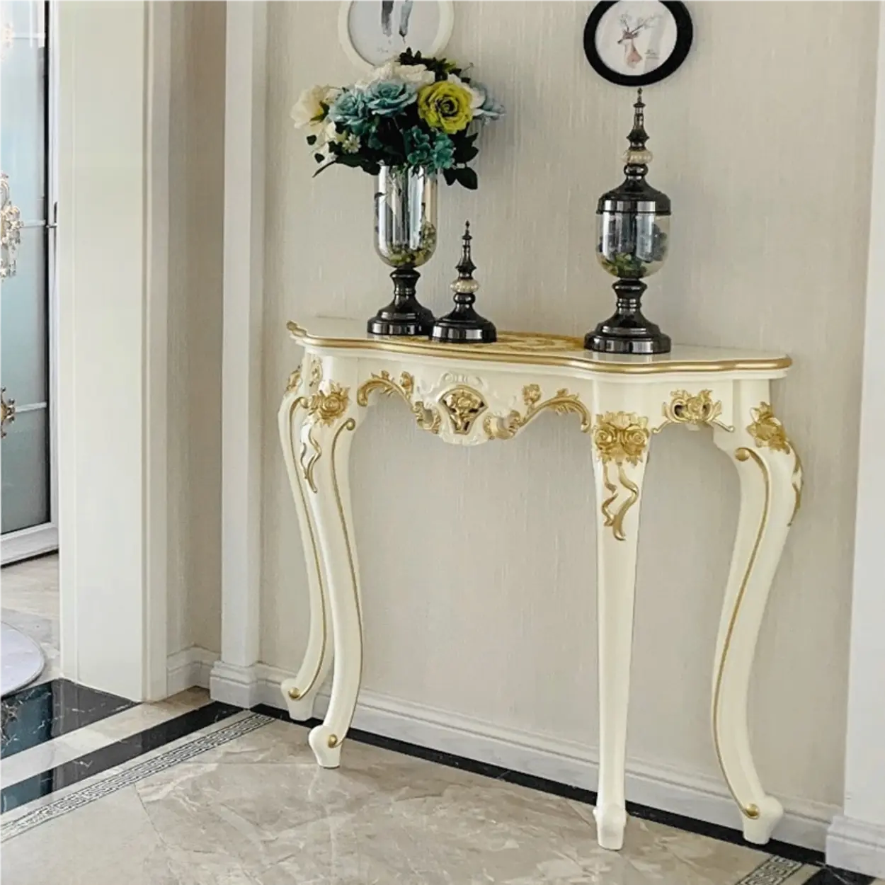 Curved Leg Half-Circle White Wood Console Table — White/ Silver