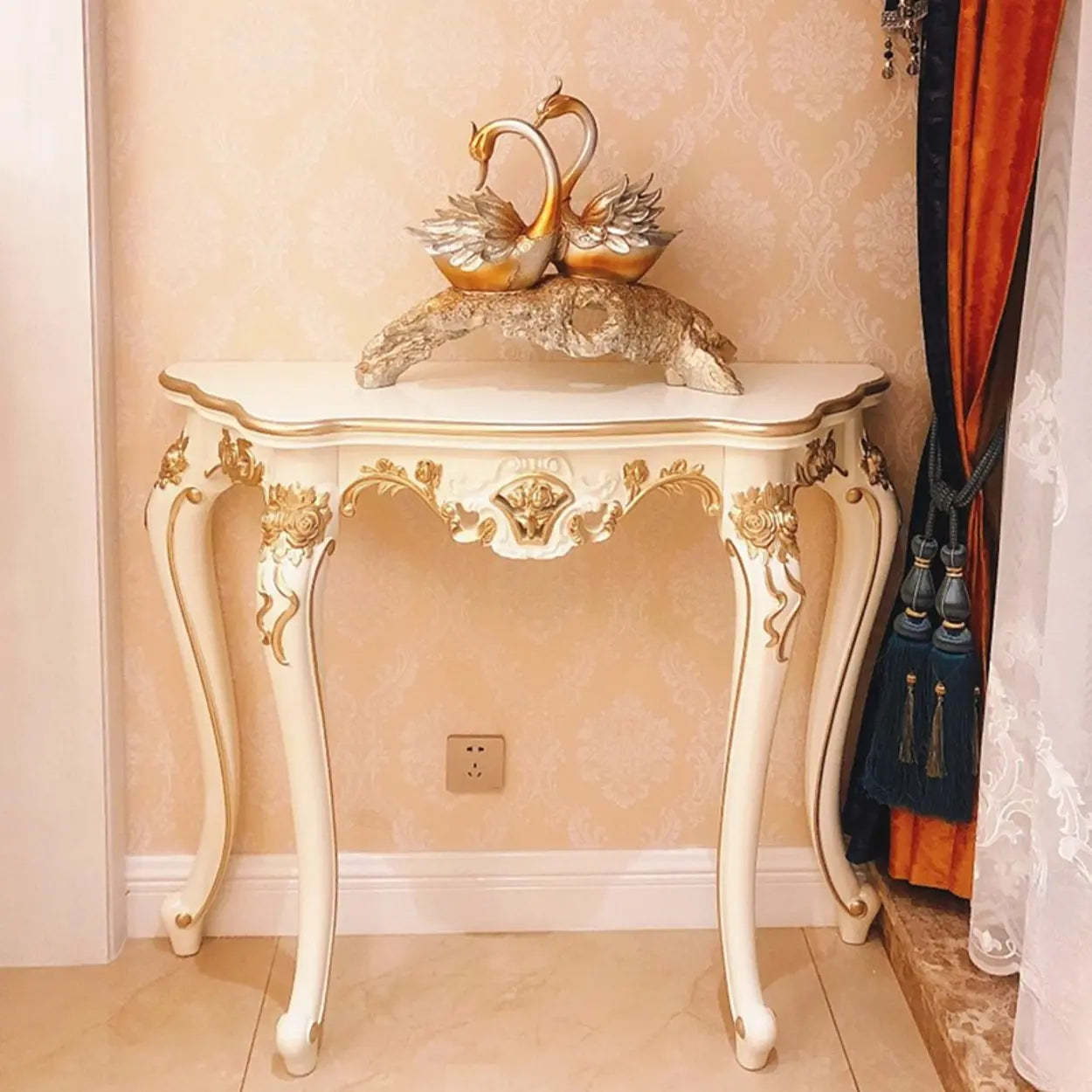 Curved Leg Half-Circle White Wood Console Table — White-Gold