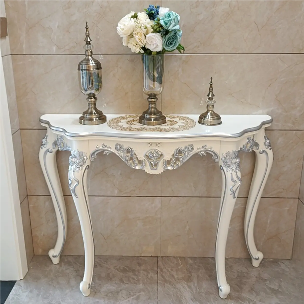 Curved Leg Half-Circle White Wood Console Table — White-Gold