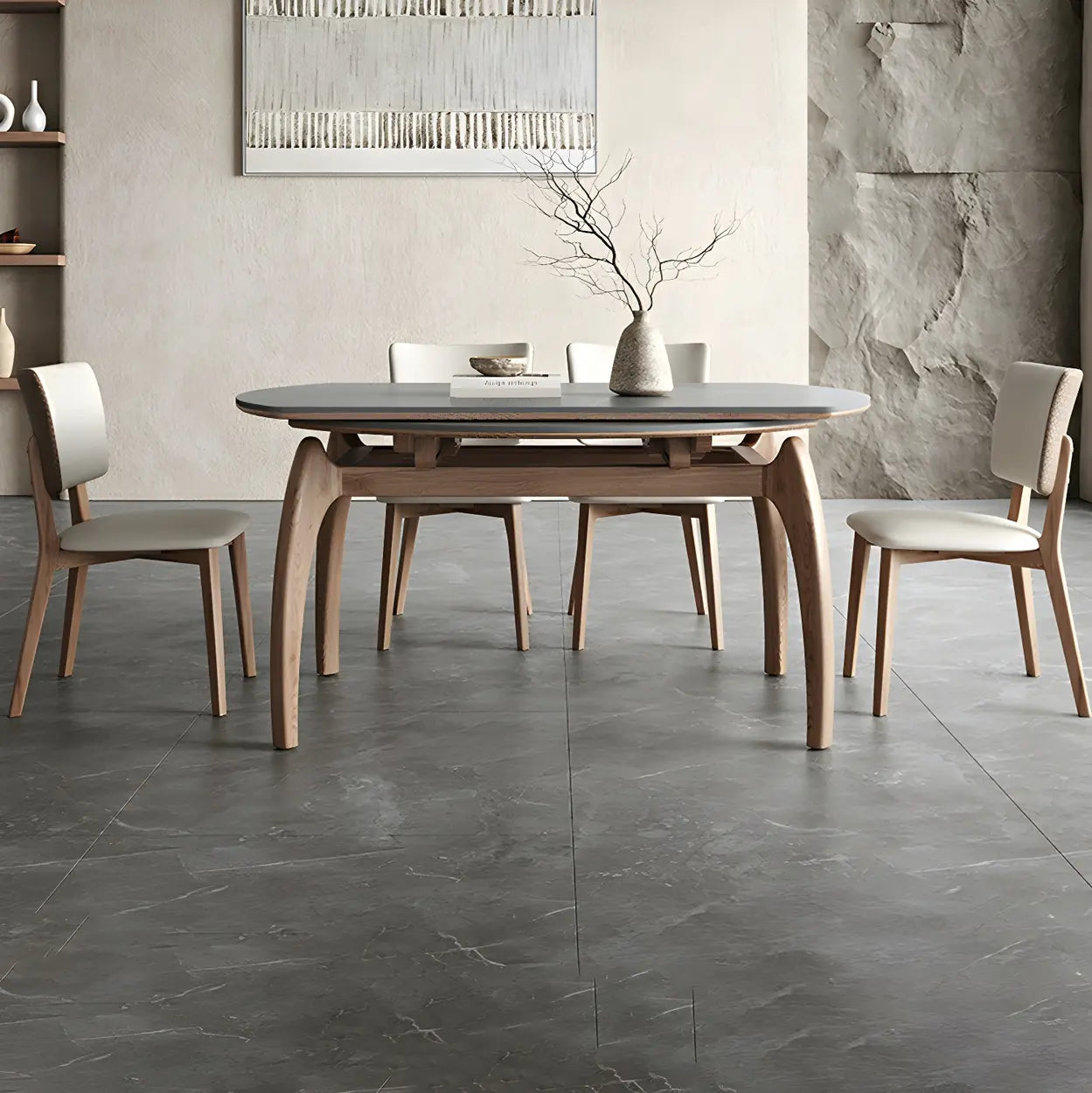 Extendable Modern Round Stone Ash Wood Dining Table