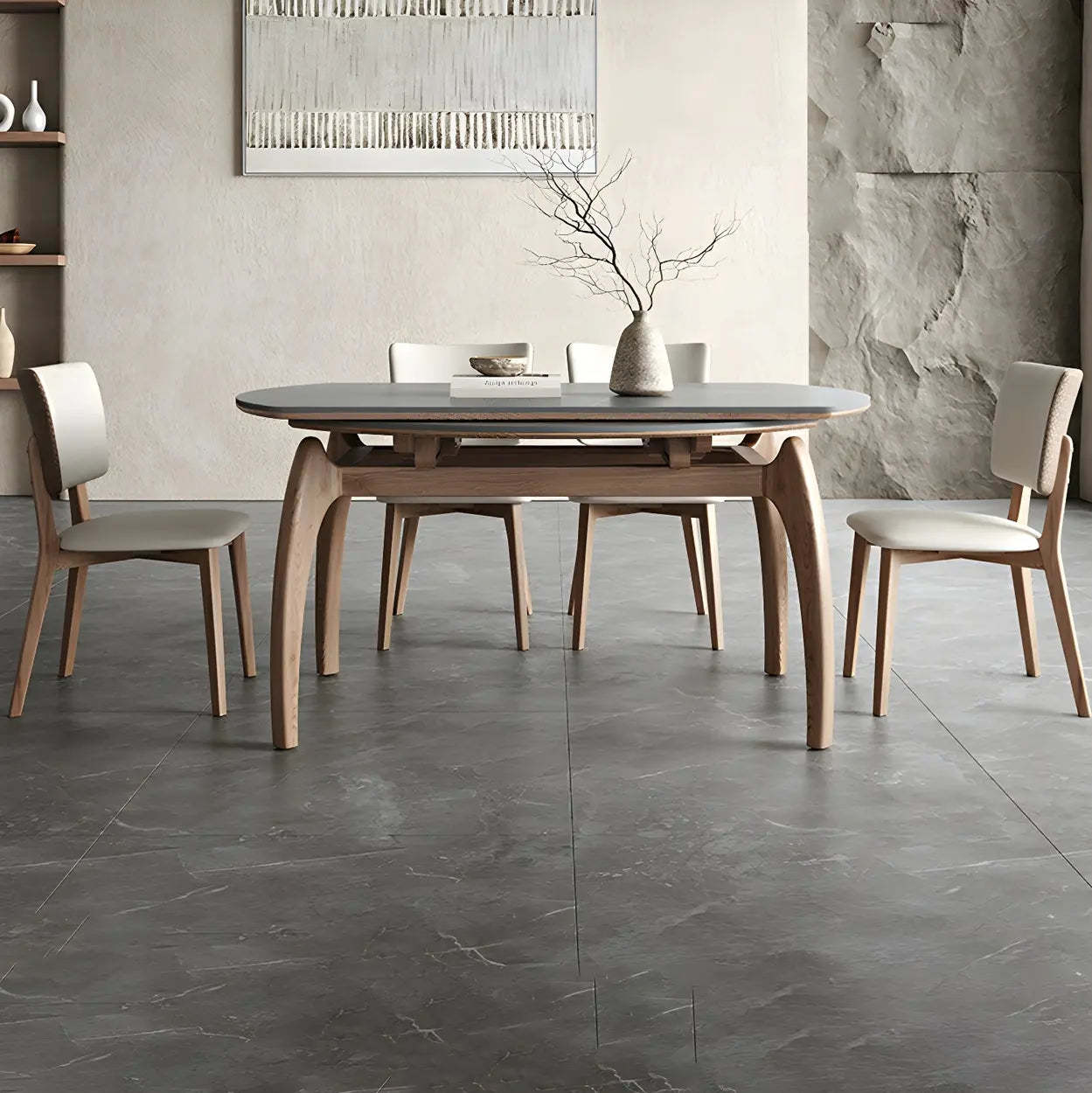 Extendable Modern Round Stone Ash Wood Dining Table — White / Table Only