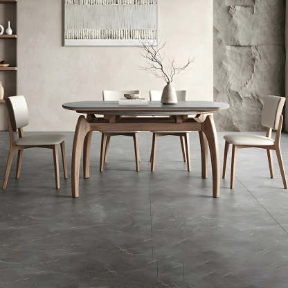 Extendable Modern Round Stone Ash Wood Dining Table — White / Table Only