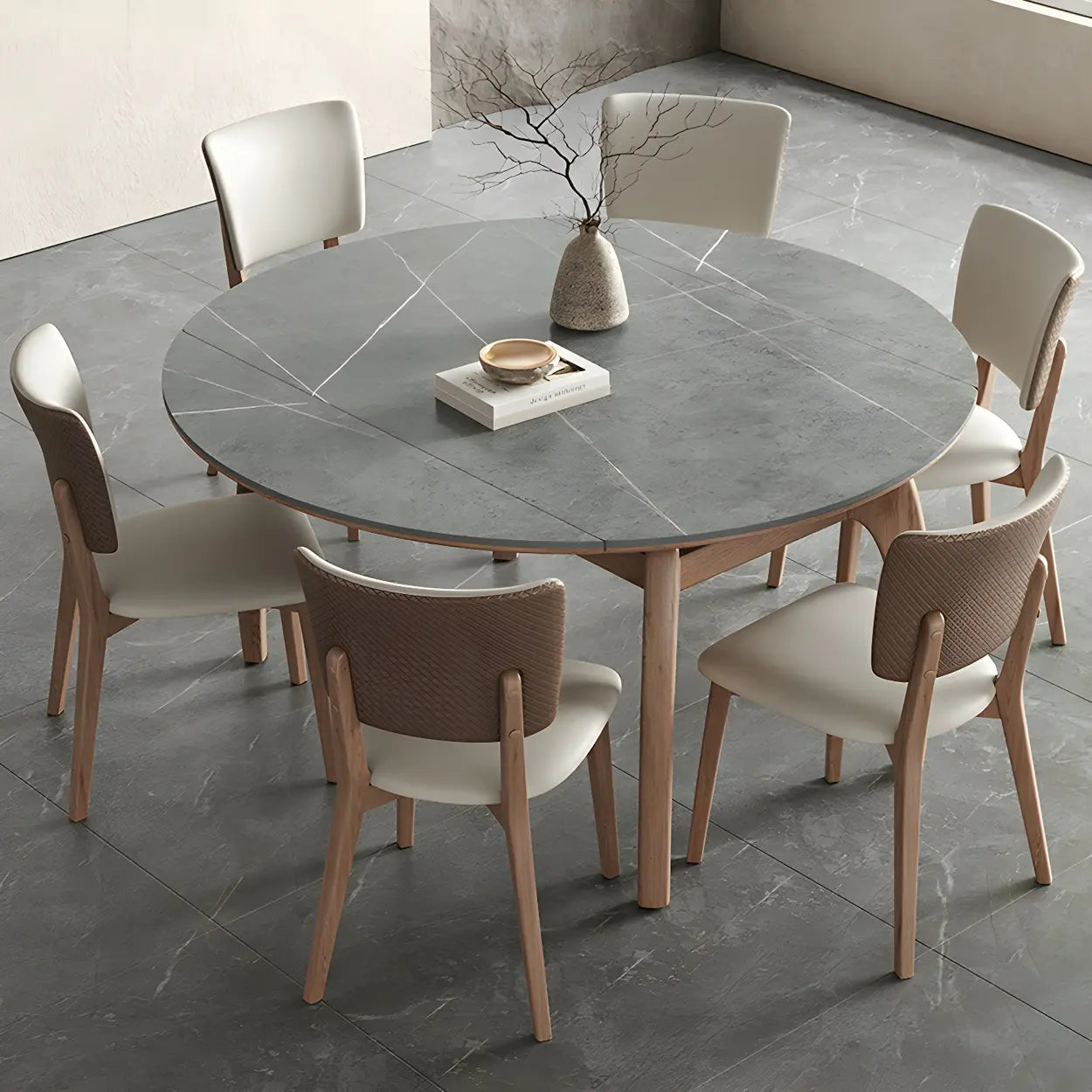 Extendable Modern Round Stone Ash Wood Dining Table — White / Table Only