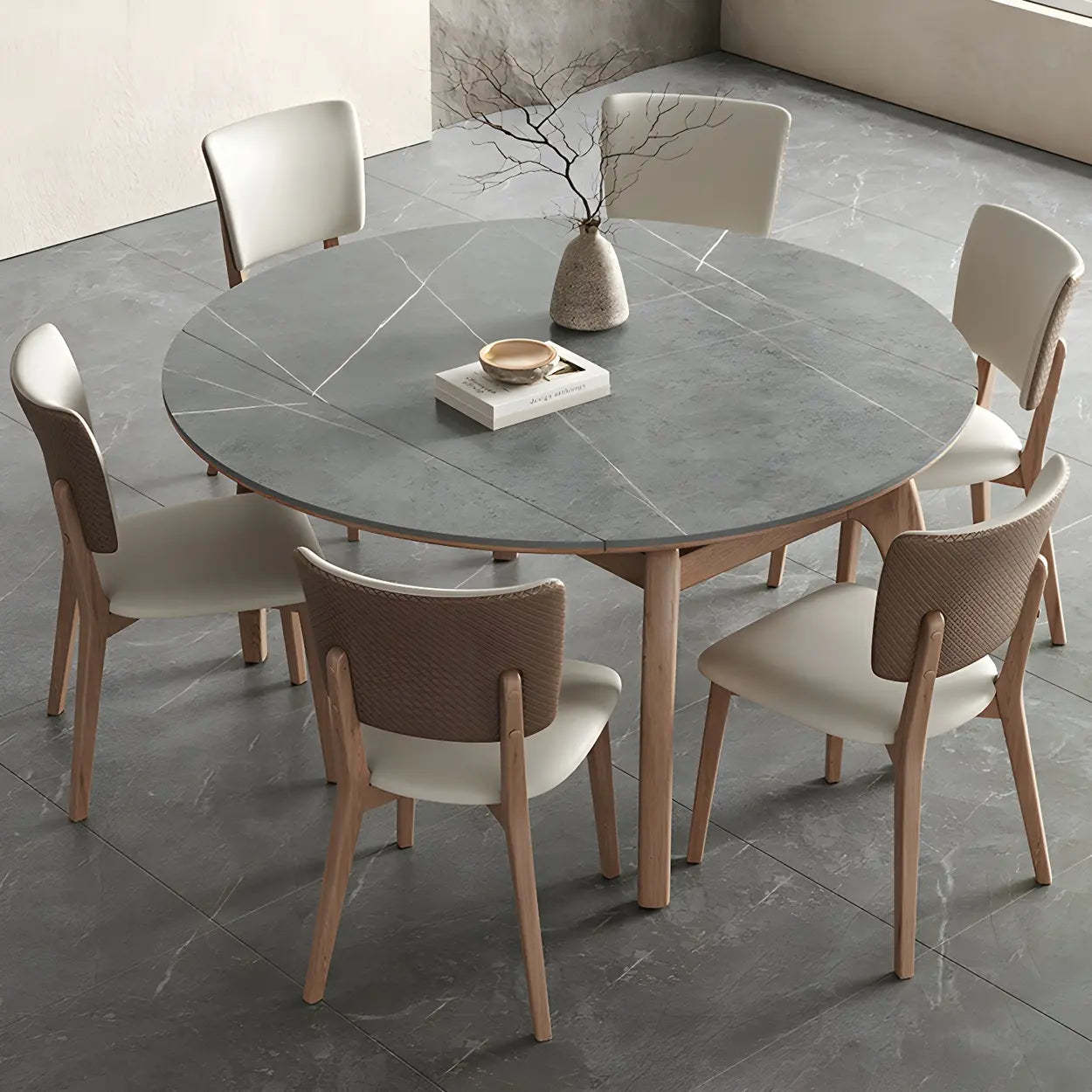 Extendable Modern Round Stone Ash Wood Dining Table — White / Table Only