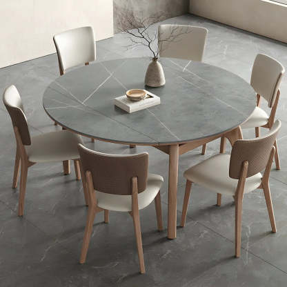 Extendable Modern Round Stone Ash Wood Dining Table — White / Table Only