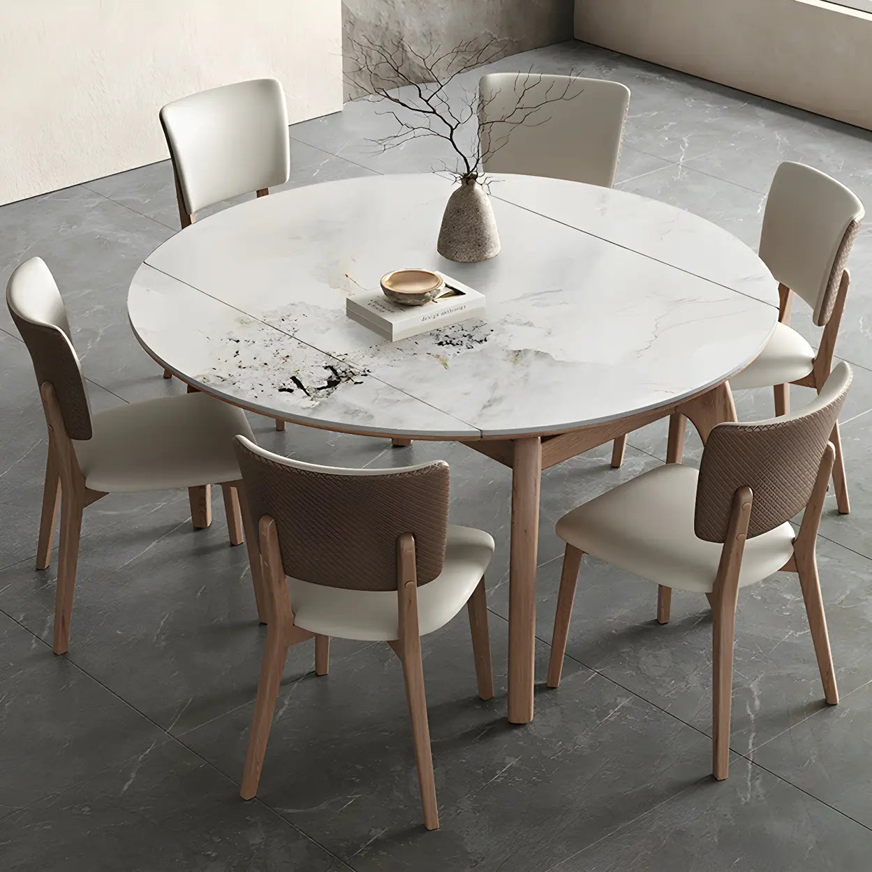 Extendable Modern Round Stone Ash Wood Dining Table — White / Table Only