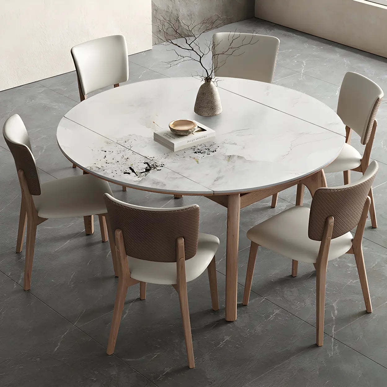 Extendable Modern Round Stone Ash Wood Dining Table — White / Table Only