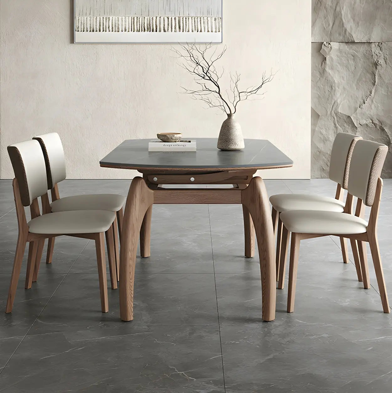Extendable Modern Round Stone Ash Wood Dining Table — Gray / Table Only