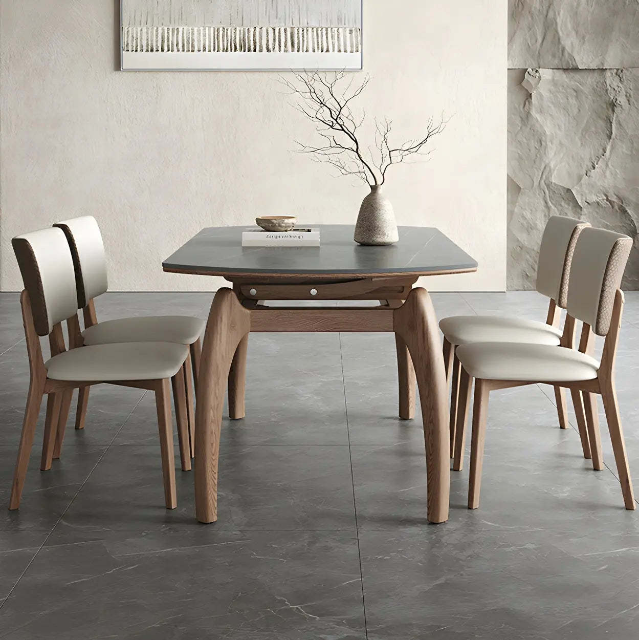 Extendable Modern Round Stone Ash Wood Dining Table — Gray / Table Only