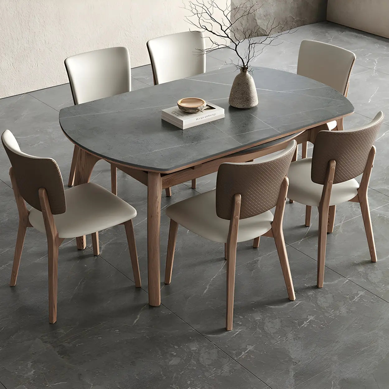 Extendable Modern Round Stone Ash Wood Dining Table — Gray / Table Only