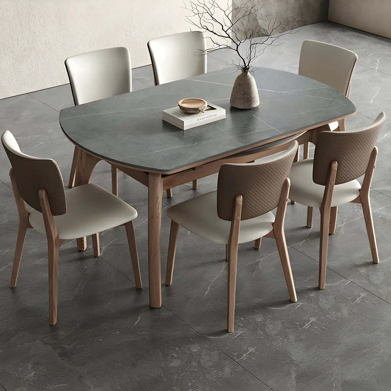 Extendable Modern Round Stone Ash Wood Dining Table — Gray / Table Only