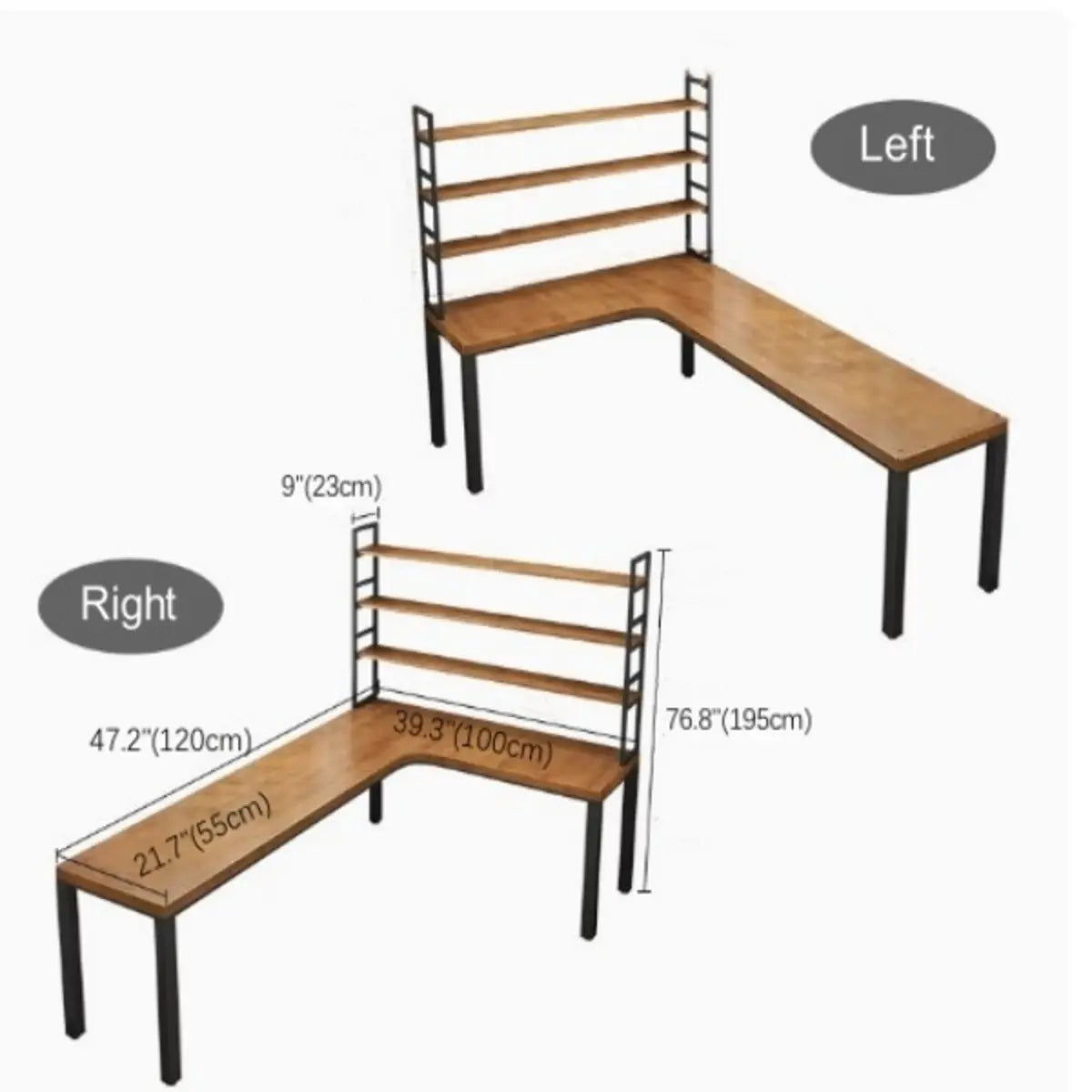 Pine Wood Iron-Base L-Shaped Writing Desk — Table with Shelf / Right Hand Return