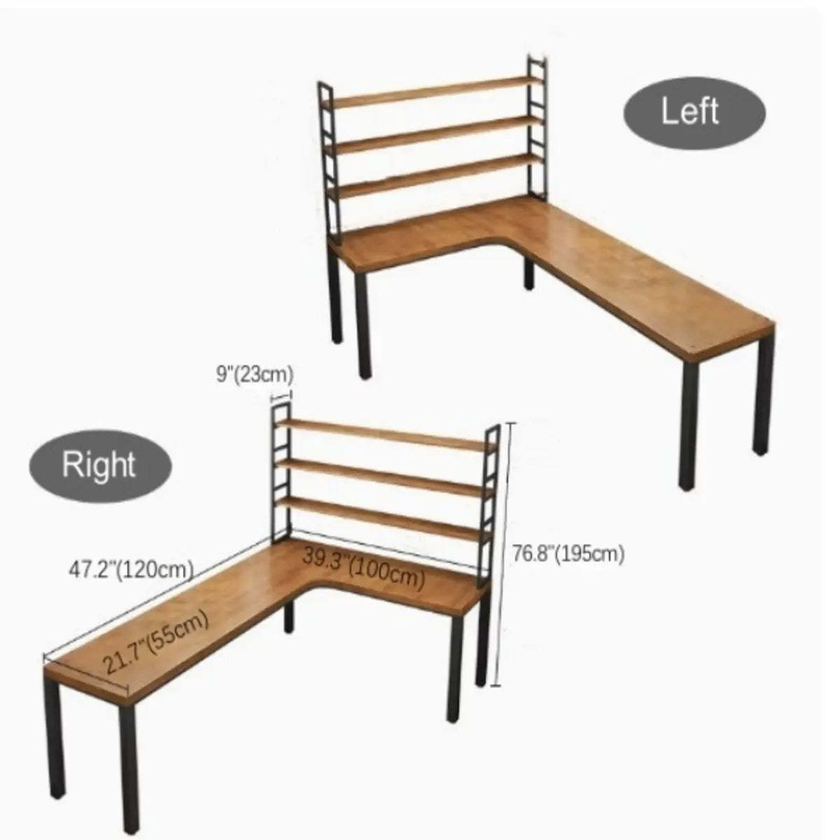 Pine Wood Iron-Base L-Shaped Writing Desk — Table with Shelf / Right Hand Return