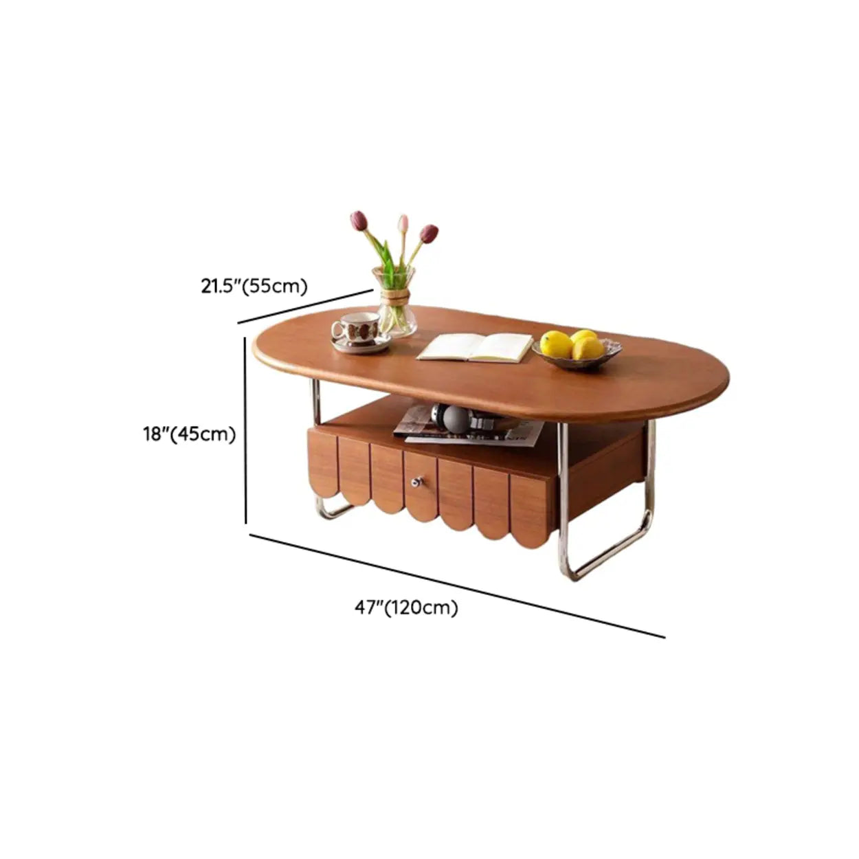 Mid-Century Brown Wood Oval Coffee Table with Drawer