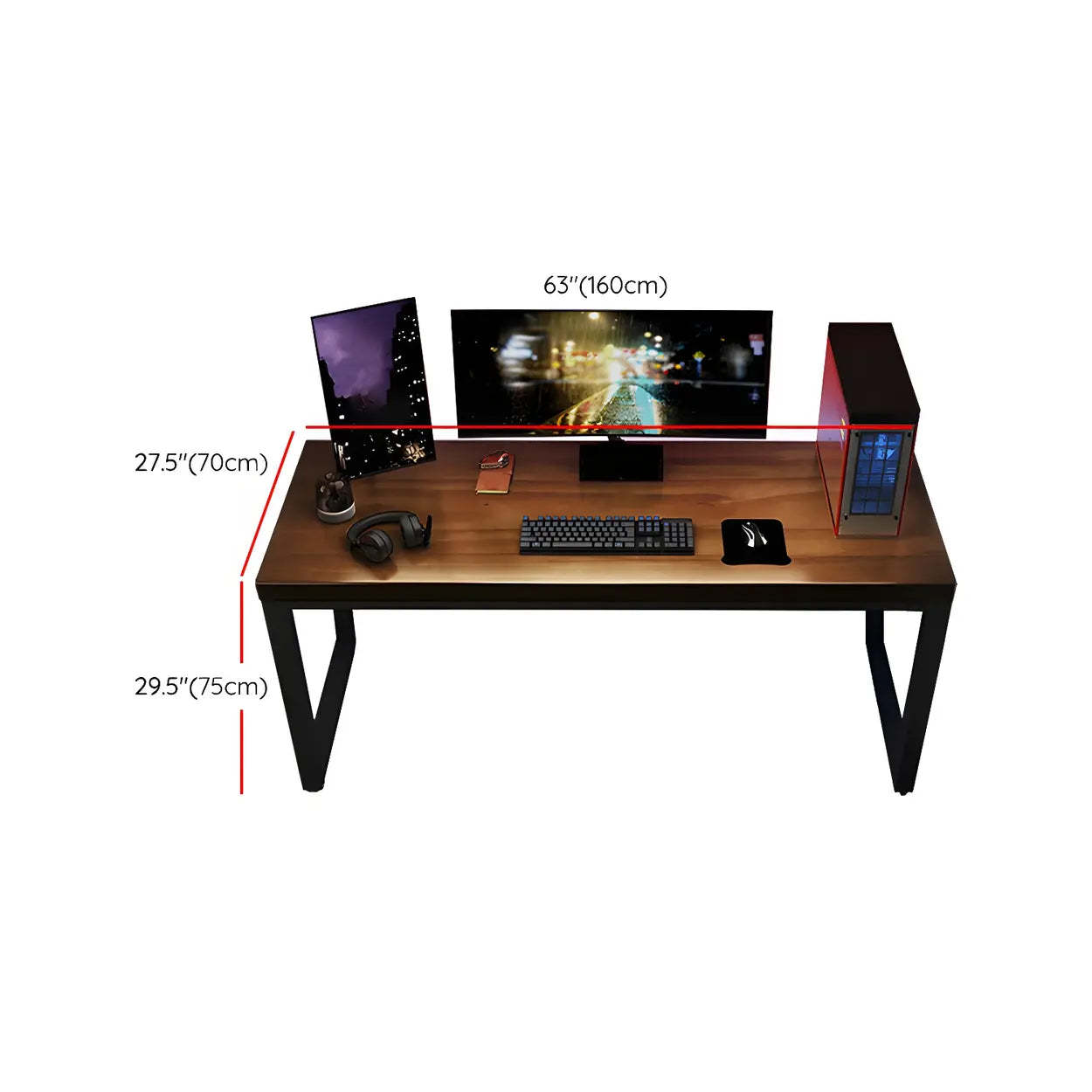 Brown Pine Wood Steel Sled Gaming Desk