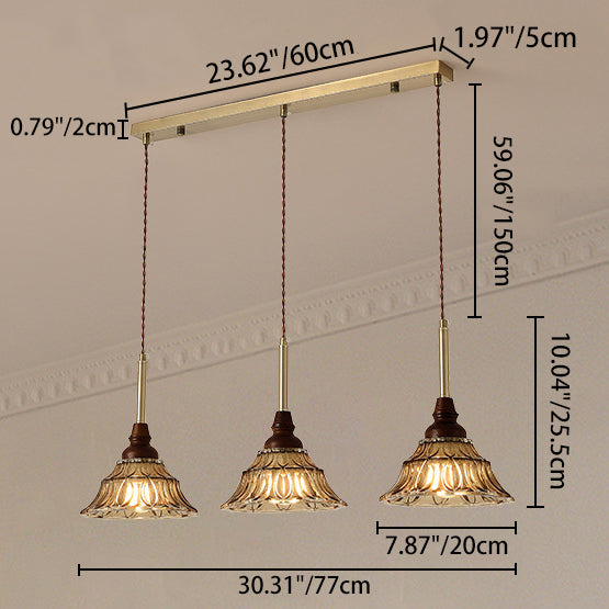 French Conical Iron Glass Wood Chandelier