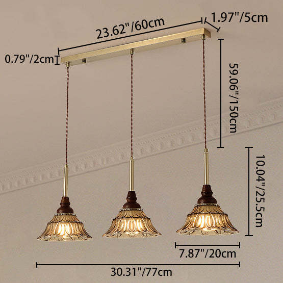 French Conical Iron Glass Wood Chandelier