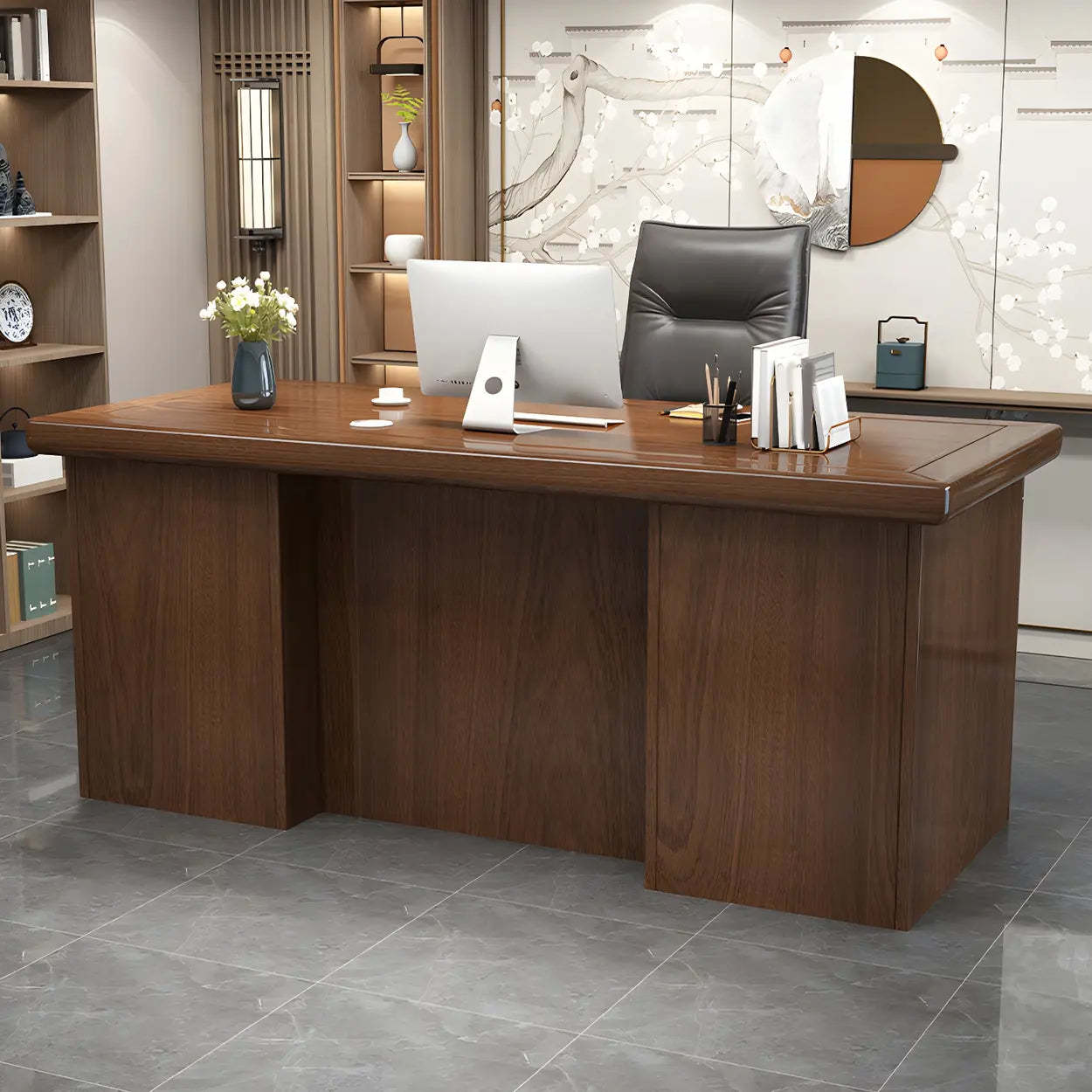 Farmhouse Rectangular Wood Sled-Base Executive Desk — Nut-Brown / Table Only