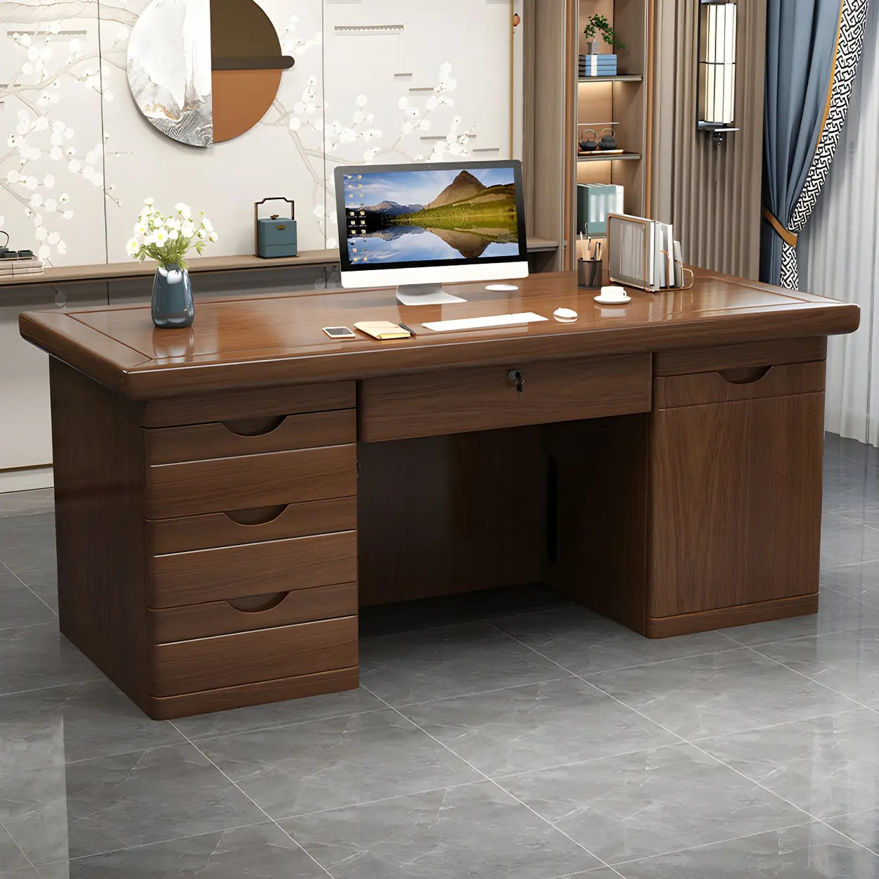 Farmhouse Rectangular Wood Sled-Base Executive Desk — Natural Finish / Table Only