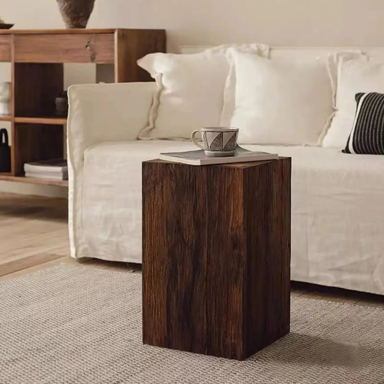 Farmhouse Rustic Wood Block Side Table — Natural Finish