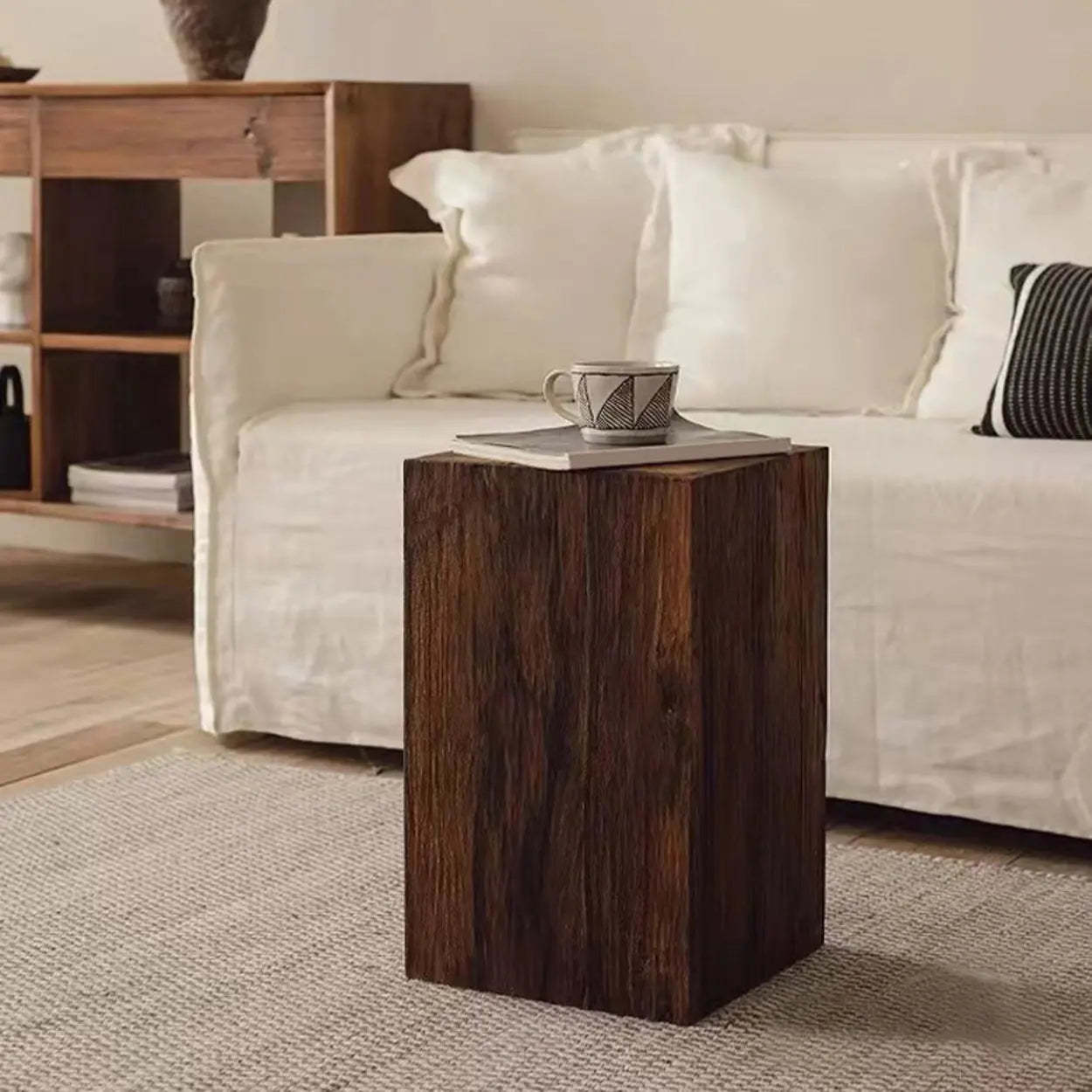 Farmhouse Rustic Wood Block Side Table — Natural Finish