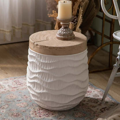 Farmhouse Rustic Wood Textured Drum Side Table — Black / Square