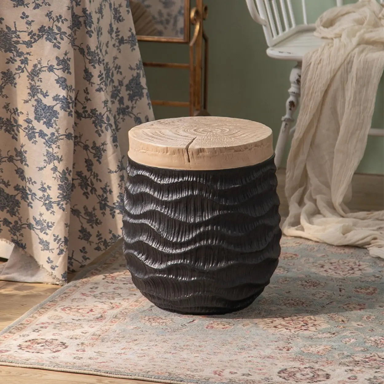Farmhouse Rustic Wood Textured Drum Side Table — Black / Round