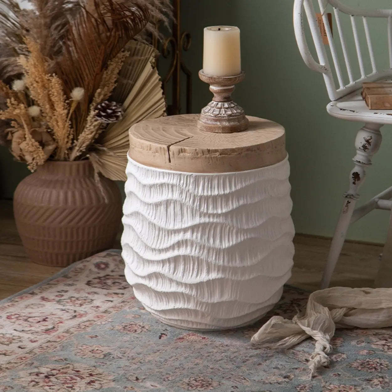 Farmhouse Rustic Wood Textured Drum Side Table — White / Round